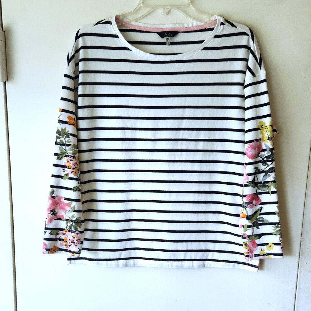 JOULES US sz 8 Women Harbour Floral Printed Cotton Jersey Top Navy White Stripes - Picture 3 of 11